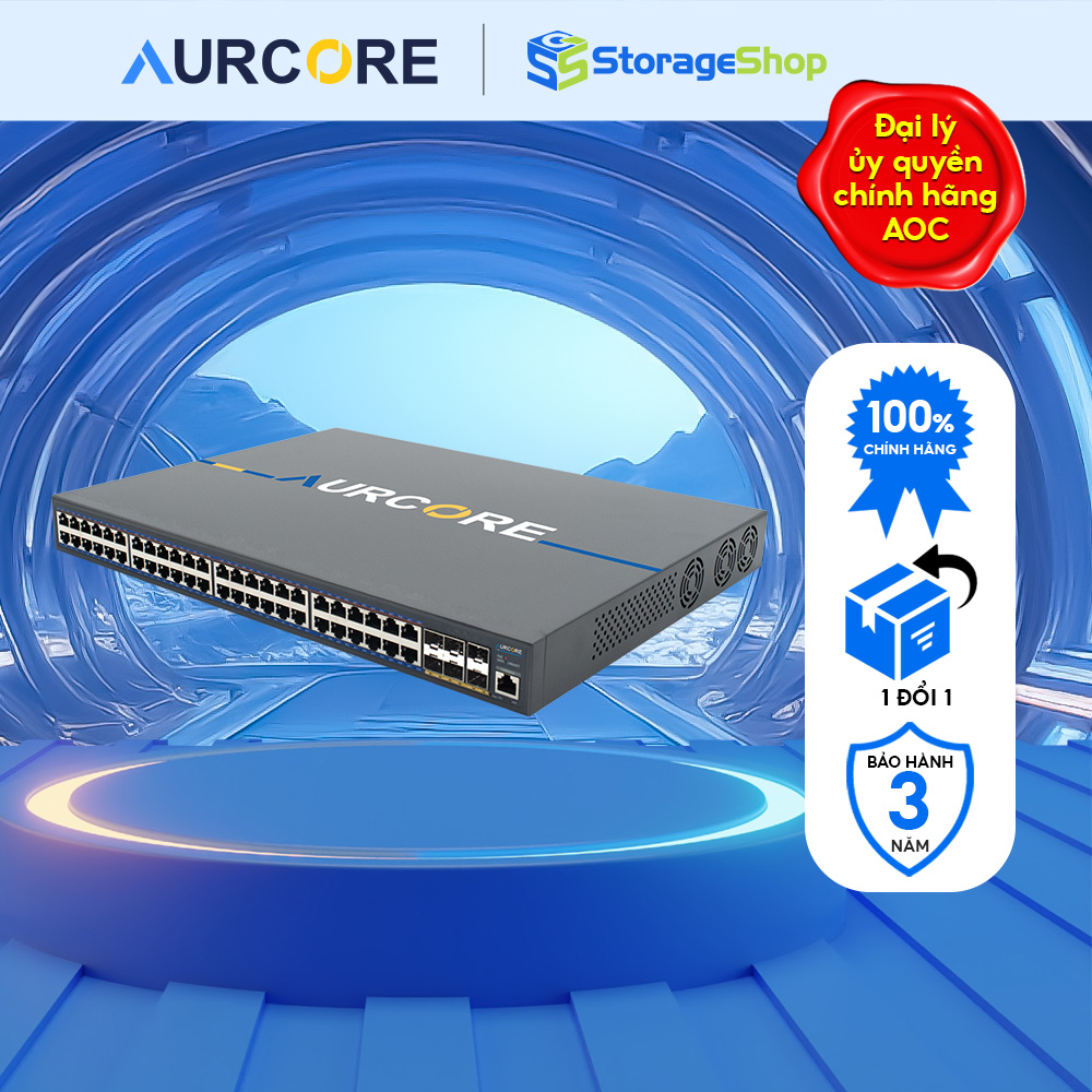 Thiết bị mạng - Bộ chuyển mạch (cầu nối) hiệu Aurcore, PoE/PoE+ 438W, 48 cổng GE, 6 cổng Gigabit SFP+ HÀNG CHÍNH HÃNG