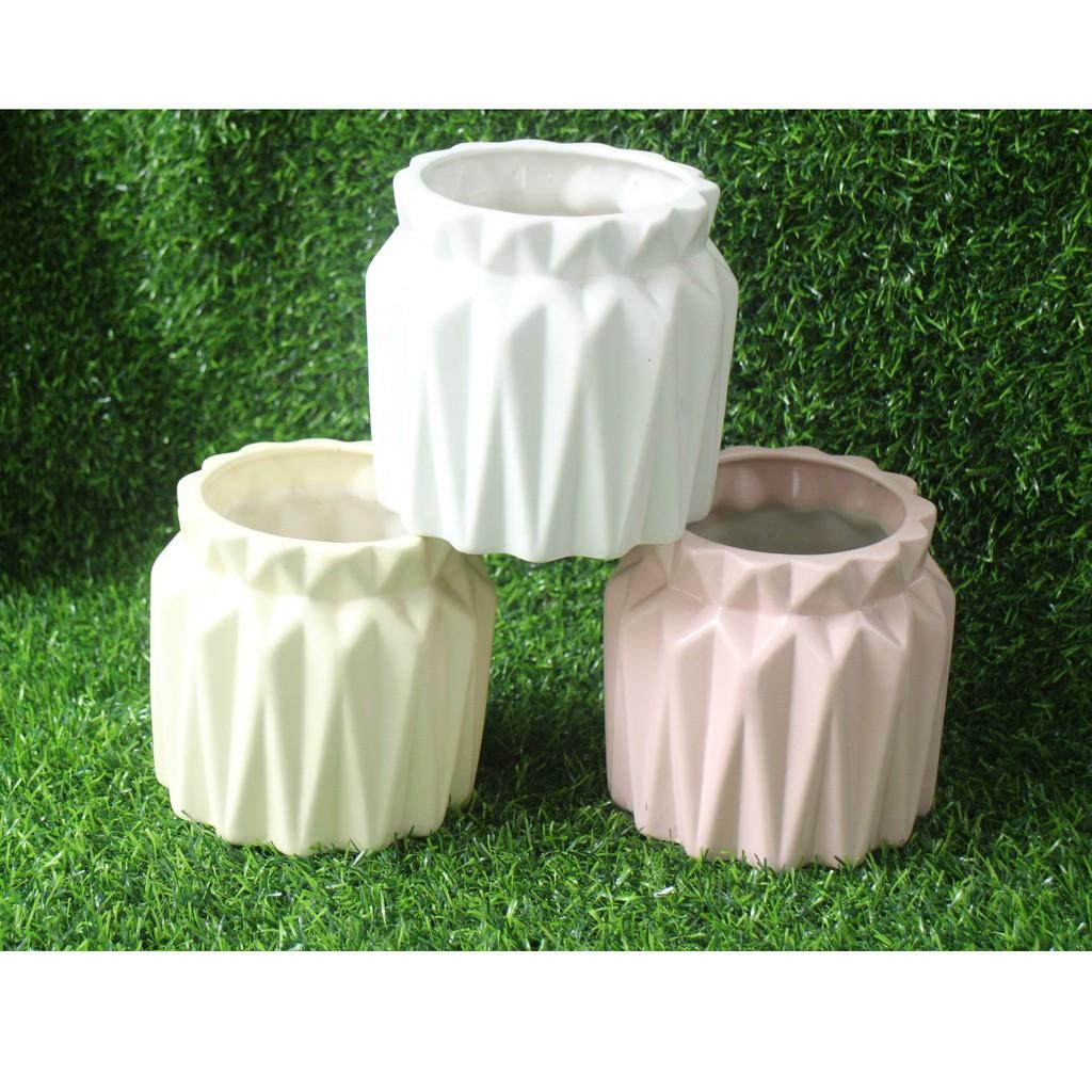 Chậu gốm sứ vân khía miệng nơ xinh xắn- tặng kèm nơ gai