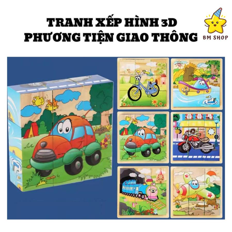 Xếp khối, đồ chơi 3D, ghép hình gỗ 6 mặt, 9 khối phương tiện giao thông và máy thi công chất liệu gỗ an toàn cho bé