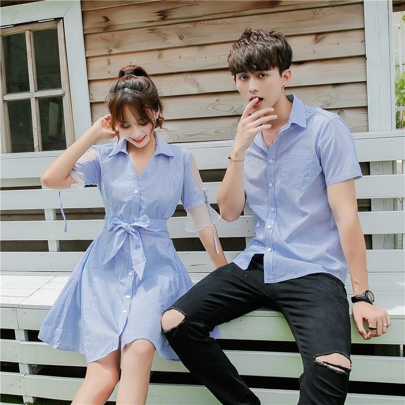 Áo đôi FREESHIP Set áo váy đôi sơ mi nam nữ chụp cưới đi biển màu xanh COUPLE AV14