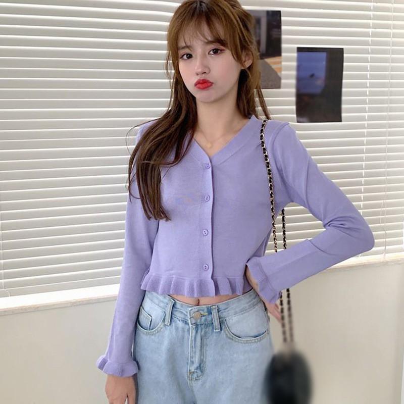 Áo Cardigan Dệt Kim Tay Dài Phối Nút Thiết Kế Cổ Chữ V Thanh Lịch