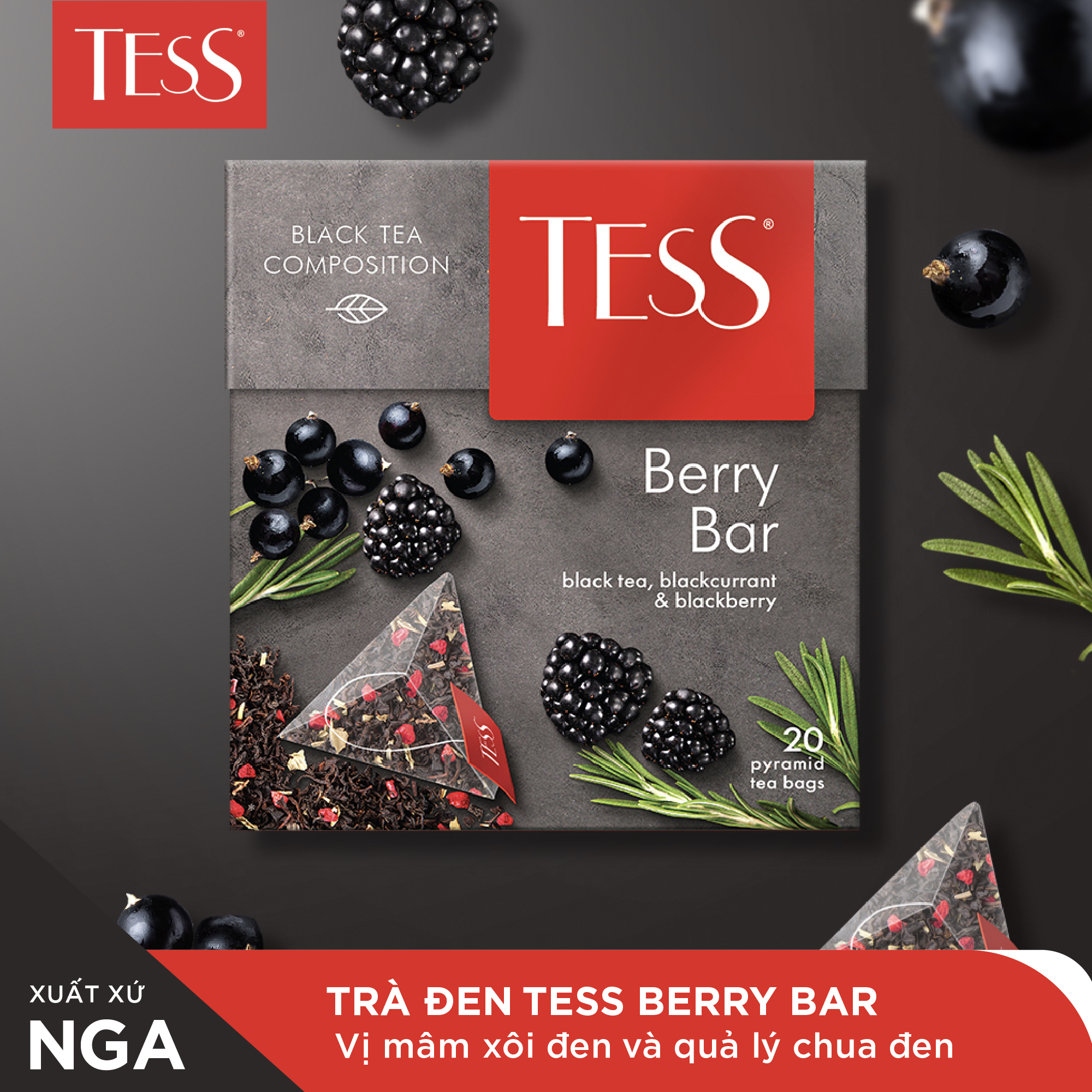 Trà đen Tess Berry Bar vị mâm xôi đen và quả lý chua 20 gói/hộp