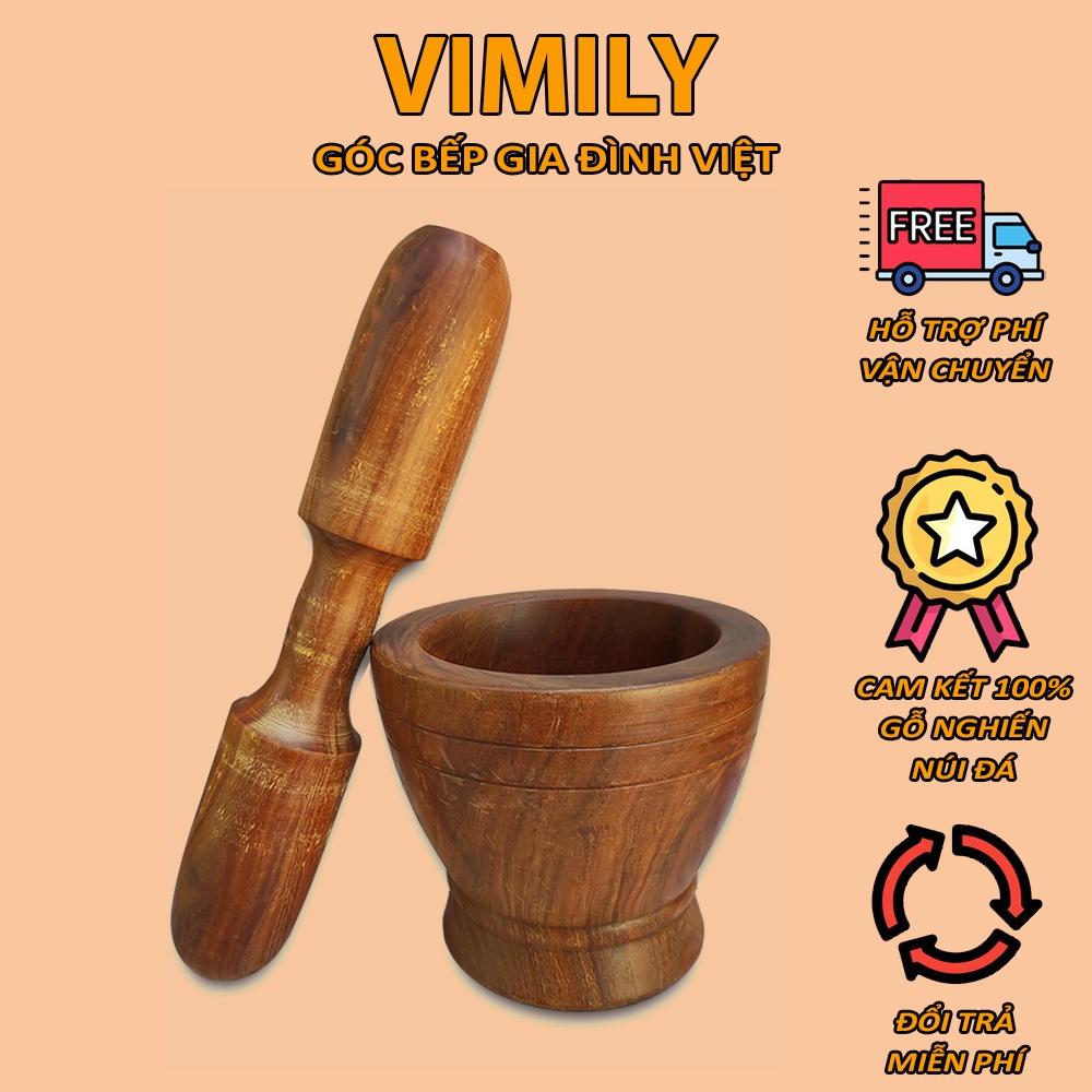 Cối chày gỗ nghiến Tây Bắc núi đá giã thức ăn gia vị VIMILY kích thước 18cm