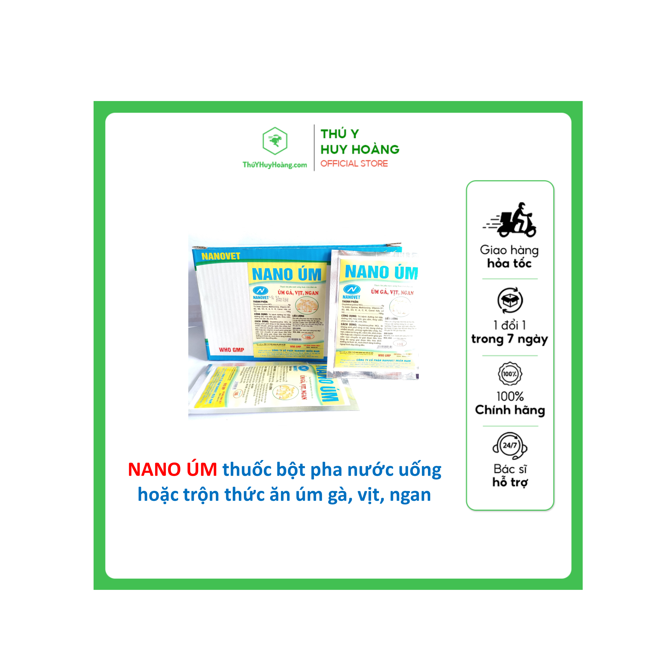 NANO NANO ÚM 10G thuốc bột pha nước uống hoặc trộn thức ăn úm gà, vịt, ngan