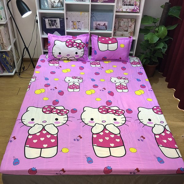 Set 3 món ga gối Poly cotton Kitty hồng dâu PL2 kèm 1 vỏ gối ôm