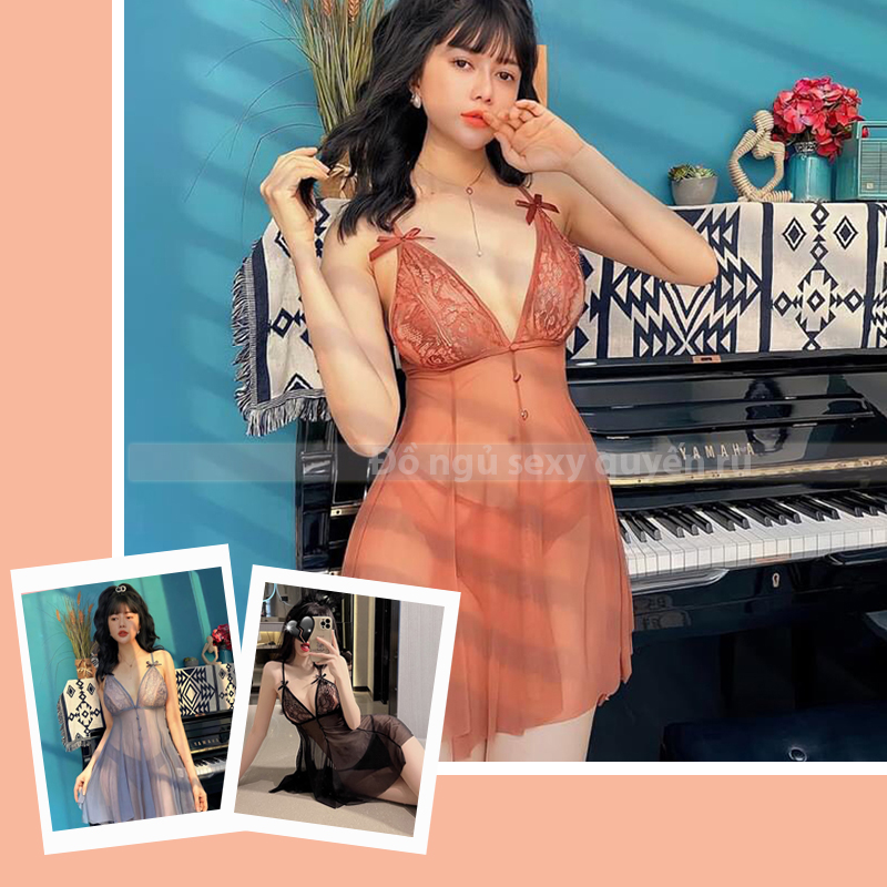 P24 Váy ngủ hai dây xuyên thấu chéo lưng sexy  - Đầm ngủ chéo lưng gợi cảm - Đồ ngủ sexy quyến rũ