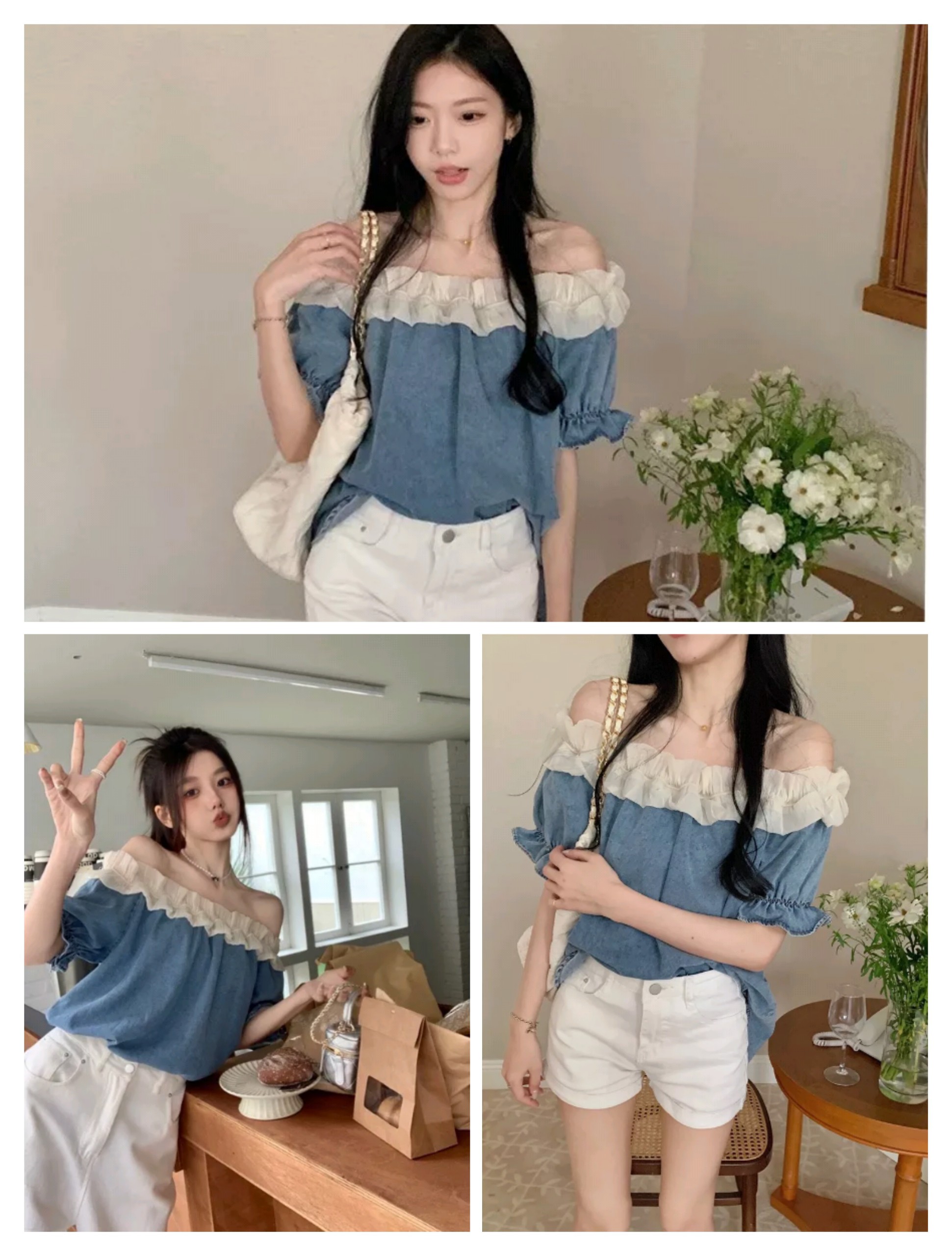 Áo Jeans Nữ Trễ Vai Cộc Tay Viền Bèo Tay Bo Dáng Rộng Siêu Hot