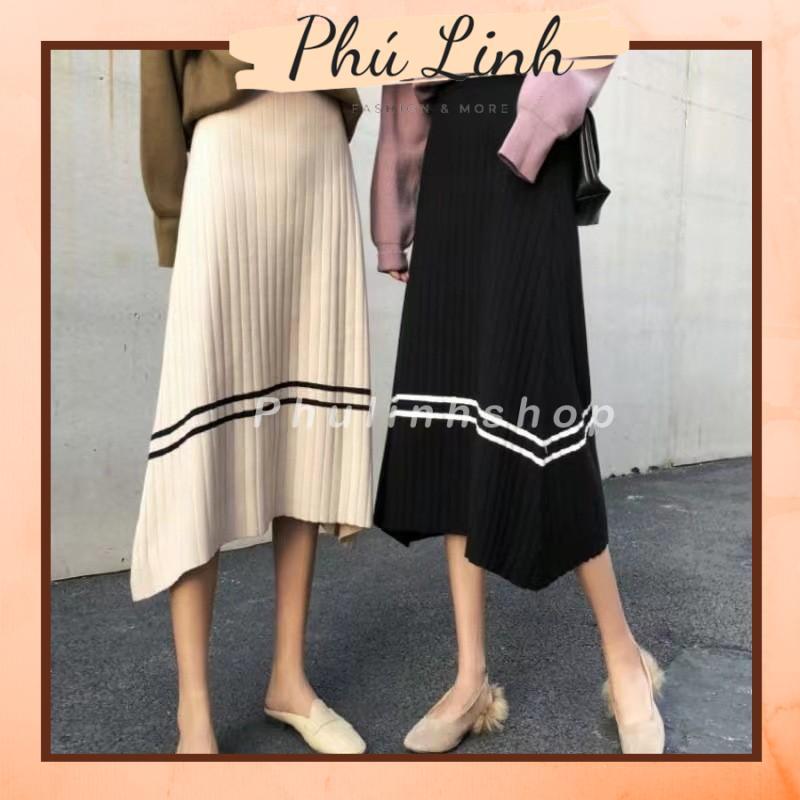 MS969 Chân váy midi len xoè kẻ ngang, chân váy len dài Quảng Châu