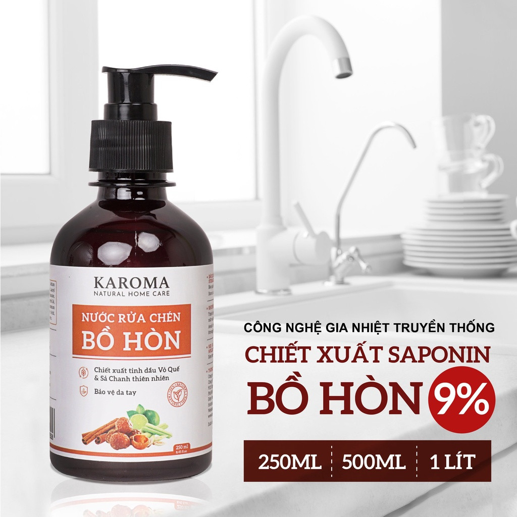 Nước Rửa Chén Bồ Hòn Chiết Xuất Cô Đặc Saponin 9% Thiên Nhiên Dưỡng Ẩm, Không Gây Bong Tróc Da KAROMA 250ml (Chai