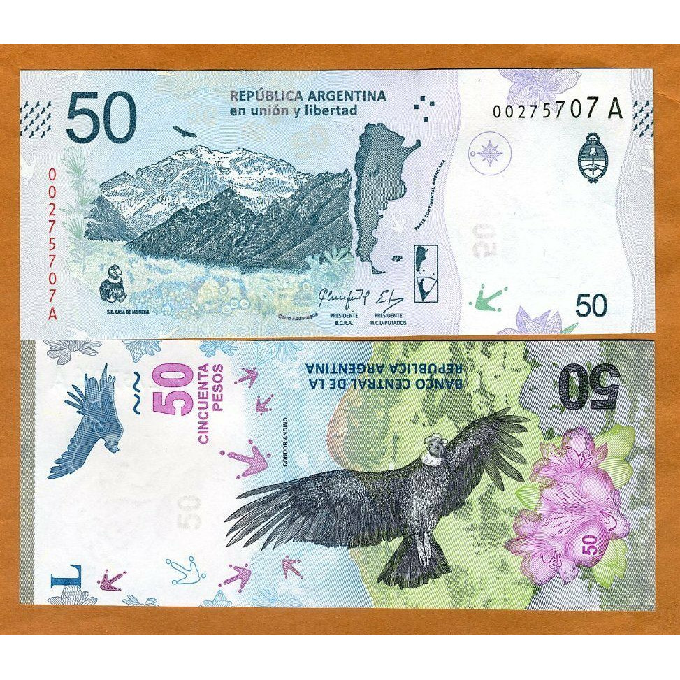 Tiền Argentina mệnh giá 50 pesos, mới cứng, tặng kèm bao nilong bảo