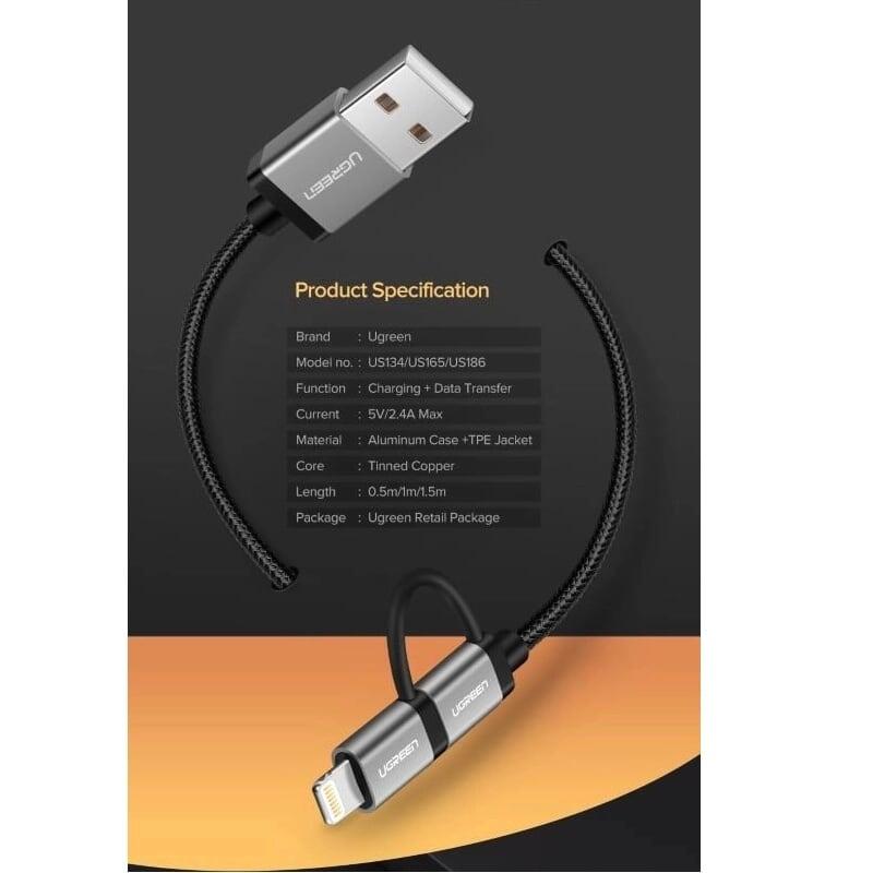 Ugreen UG50205US186TK 1M Màu Đen Cáp sạc đa năng USB sang TypeC + Micro + Lightning có Chip MFI - HÀNG CHÍNH HÃNG