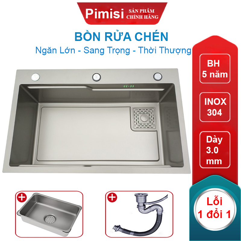 Bồn Rửa Chén INOX 1 Hộc Lớn Pimisi Làm Từ Thép Không Gỉ SUS 304 Cao Cấp Kiểu Ngăn To 1 Hố, Kèm 1 Khay Chậu Rửa Bát Nhỏ Đơn Phụ Gác Bồn -  Tháo Rời Với Đầy Đủ Phụ Kiện Xi Phông, Gắn Được Cả Âm - Dương Bàn Đá Bếp Nhiều Kích Thước | Hàng Chính Hãng