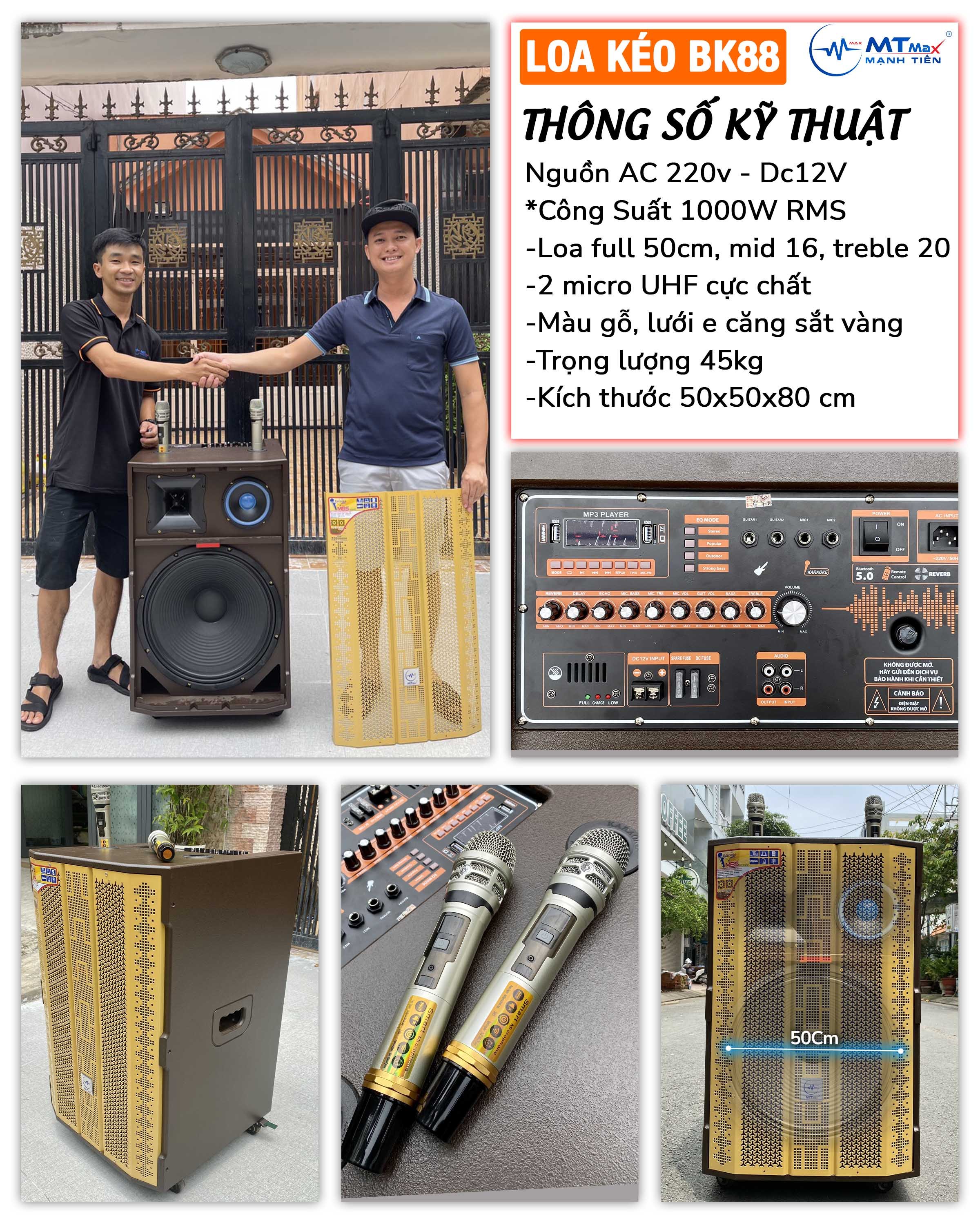 Loa kéo di động MTMax BK88 - Dàn karaoke ngoài trời bass 5 tấc 1 mid 1 treble - Loa khủng long công suất theo nhà sản xuất đến 1000W - Kèm 2 micro không dây UHF - Đầy đủ kết nối Bluetooth, AV, USB, SD card, TWS hàng chính hãng