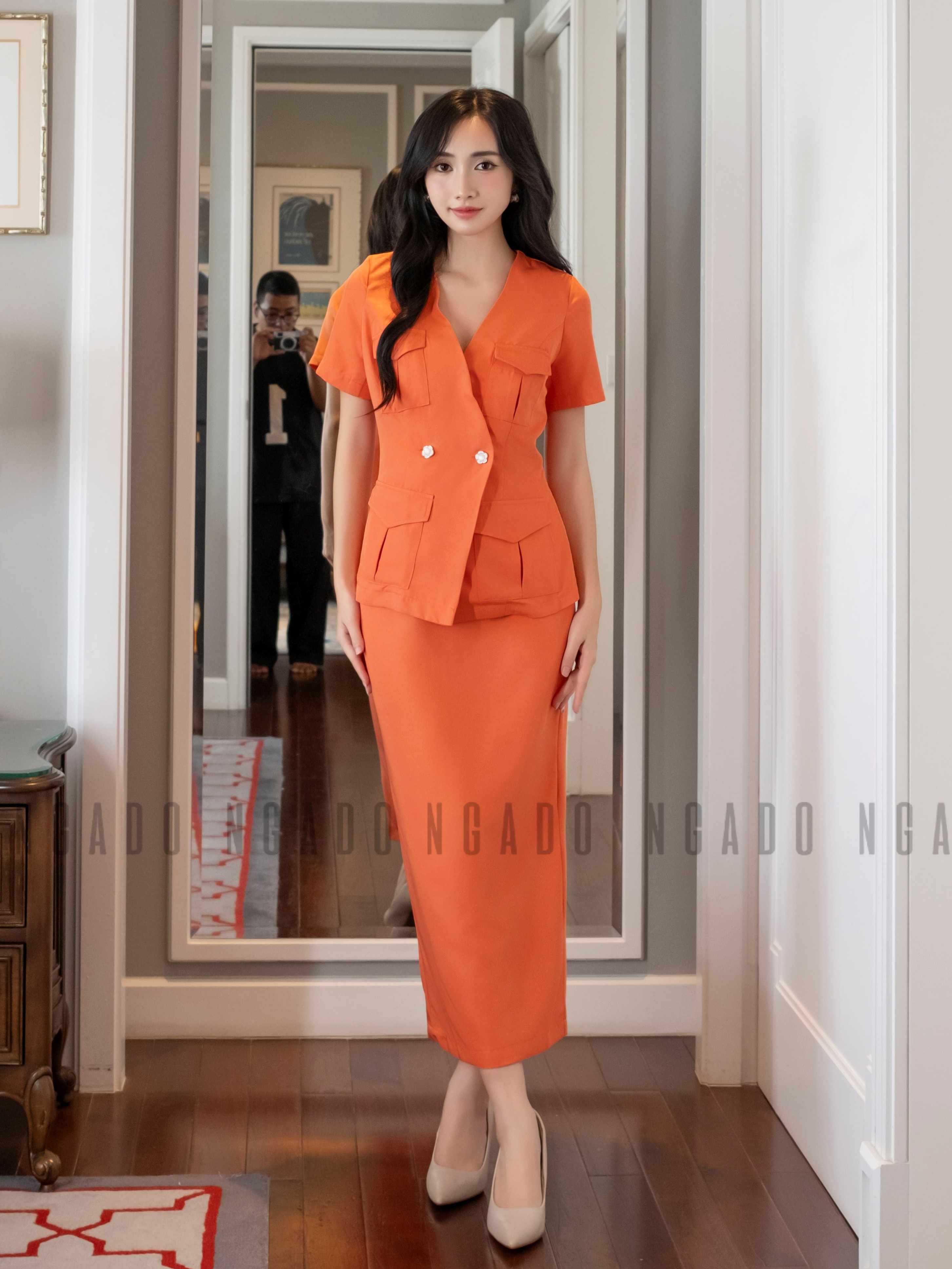 Set áo váy cam NGADO , set đồ nữ , Set váy bút chì kèm áo , Đồ công sở , Set thiết kế