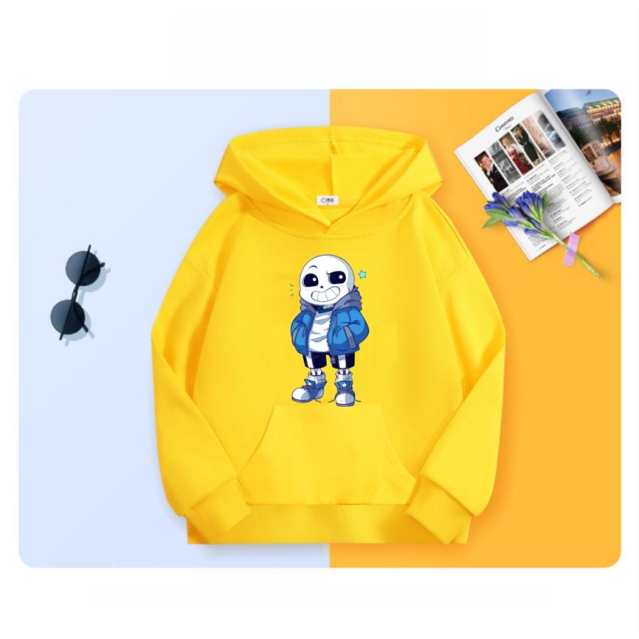 Áo khoác hoodie màu vàng chui đầu in hình Sans cực chất cho bé trai bé gái