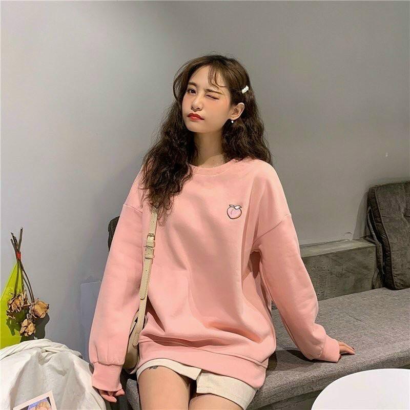 Áo Sweater Nỉ Bông Tay Dài Màu Trơn Logo Trái Cây Thêu Siêu Cute