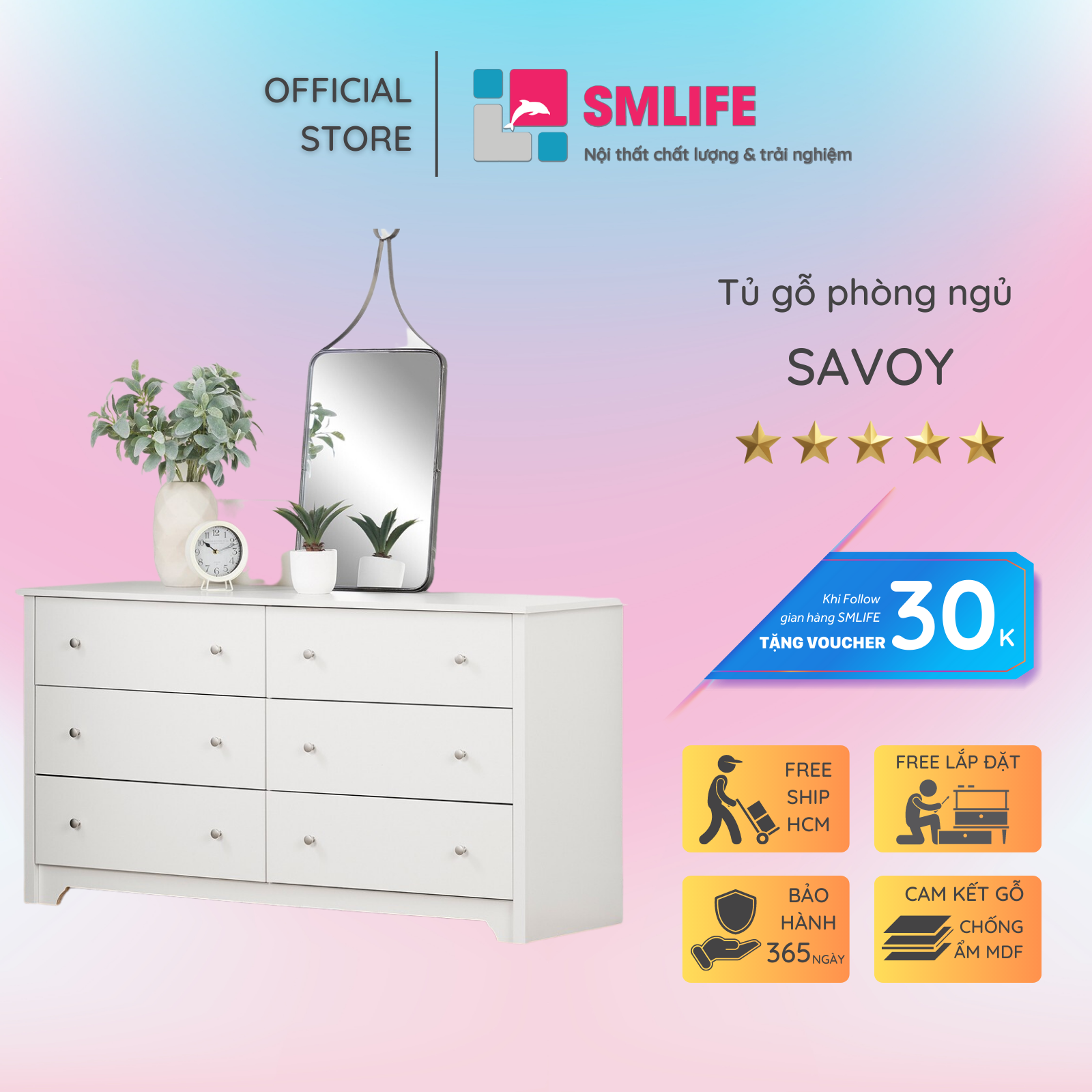 Tủ phòng ngủ gỗ hiện đại SMLIFE Savoy | Gỗ MDF dày 17mm chống ẩm | D150xR48xC80cm