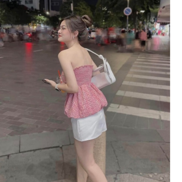 Áo ống cúp ngực bí xoè caro hồng, áo cúp ngực 2 lớp