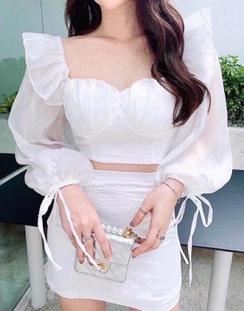 Sét áo đũi nhăn tay phồng phối voan tơ có mút ngực kèm chân váy umi xinh lung linh