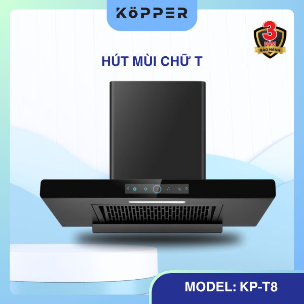 Kopper Hút Mùi Thông Minh KPT8 Công Suất Lớn 1800m3/h Có Sấy Dầu Tự Động Màn Hình Cảm Ứng Tiếng Ồn <50dB Đèn LED 1 Đèn Lớn Quạt Li Tâm Cánh Thép Động Cơ Đồng Hàng Chính Hãng