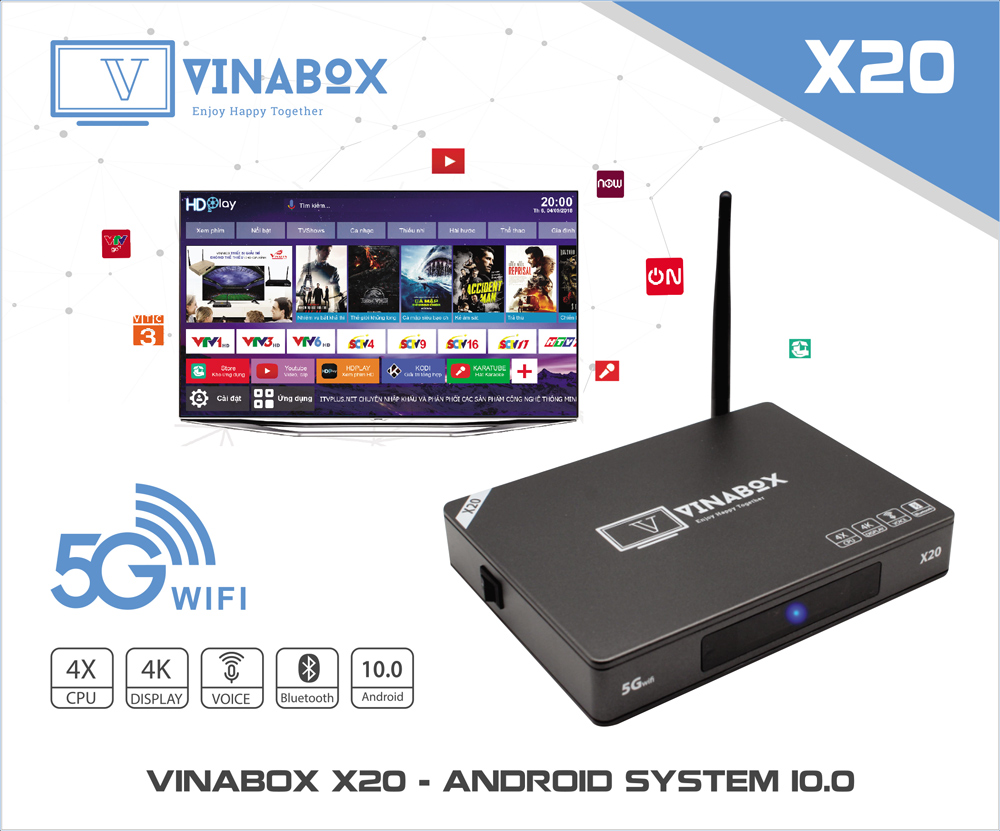 Android Tv Box VINABOX X20 - Ram 4GB - Mới Nhất Năm 2020 - Điều Khiển Bằng Giọng Nói - Android 10 Siêu Mượt - Hàng Chính Hãng