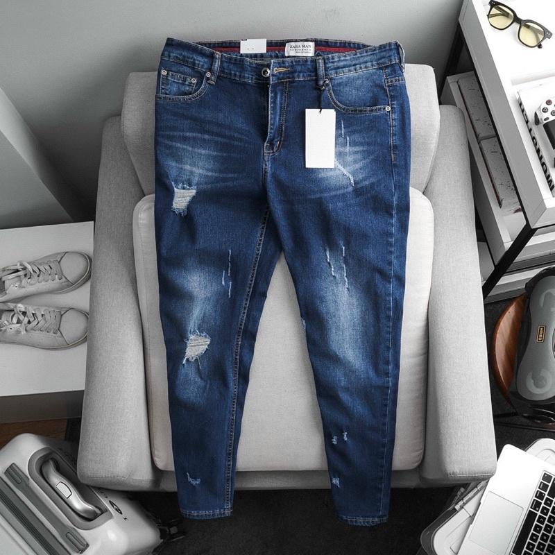 Quần Jean Nam Xanh Đậm mài rách ôm dáng xuất dư xịn chất bò co giãn