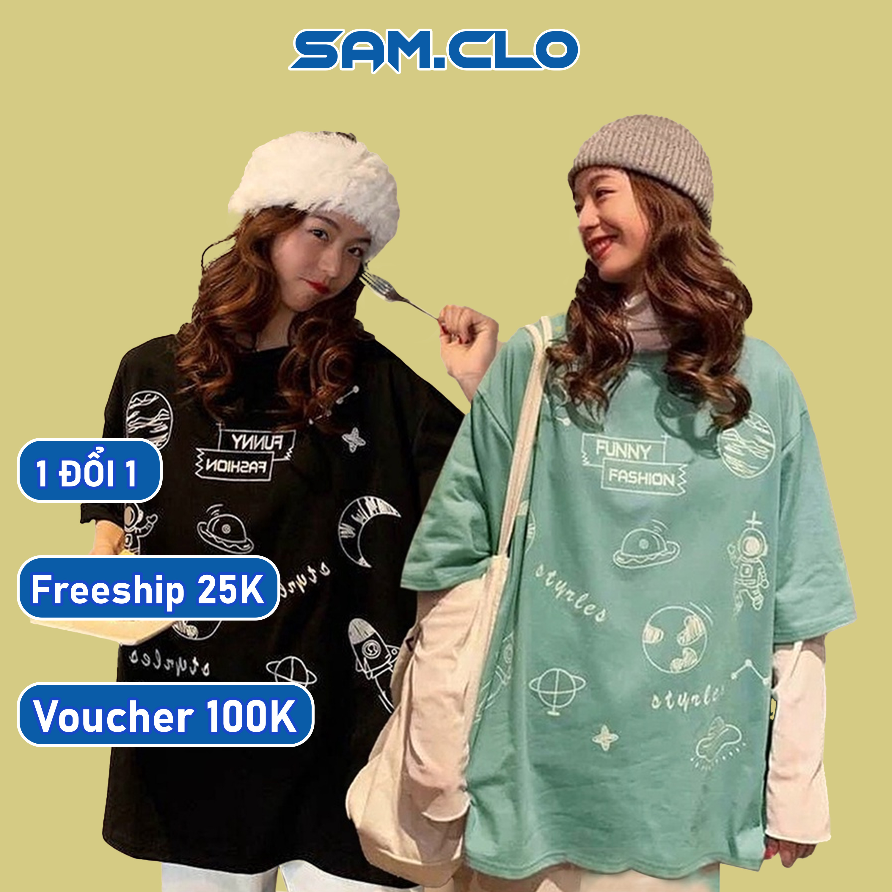 Áo thun tay lỡ nữ SAM CLO freesize phông form rộng dáng Unisex, mặc lớp, nhóm, cặp, in chữ FUNNY FASHION