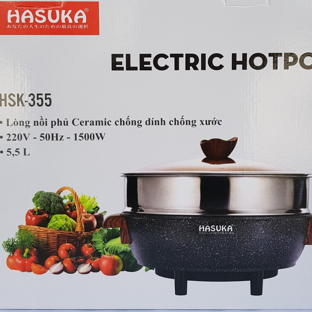 NỒI LẨU ĐIỆN ĐA NĂNG Hasuka HSK355 - Dung tích 5.5L, Lòng Ceramic, Vung kính chịu nhiệt, Xửng hấp Inox lớn - Hàng chính hãng