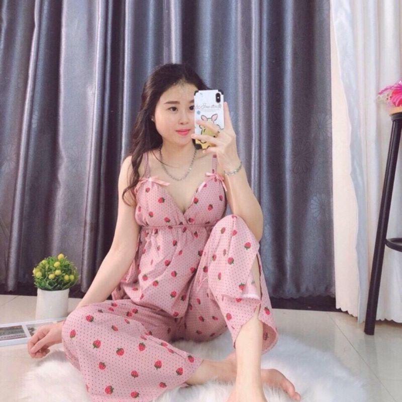Sét bộ ngủ sexy cao cấp có tăng đơ 2 dây quần dài dâu