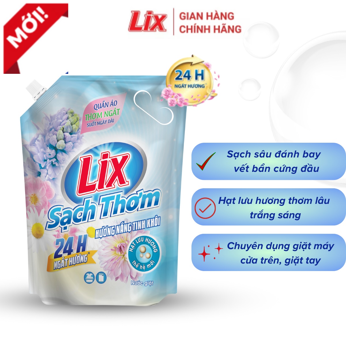 Túi nước giặt Lix sạch thơm hương nắng tinh khôi 2.6Kg -  Lixco Việt Nam nước giặt Lix cho giặt tay và giặt máy