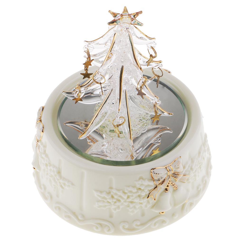 Christmas Tree Wind Up Rotate Music Box Spun Glass Art Crafts for Collection