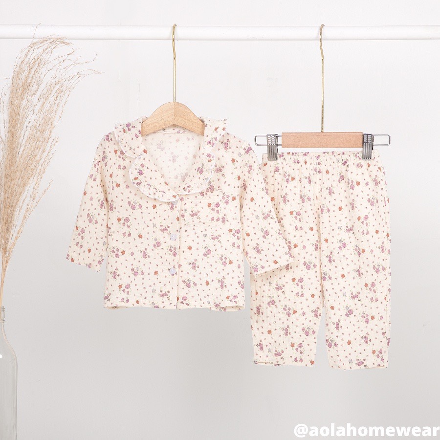 Pijama cho bé gái dài tay mặc ngủ điều hòa vải xô muslin dễ thương Áo Lá Homewear A005, đồ ngủ trẻ em gái