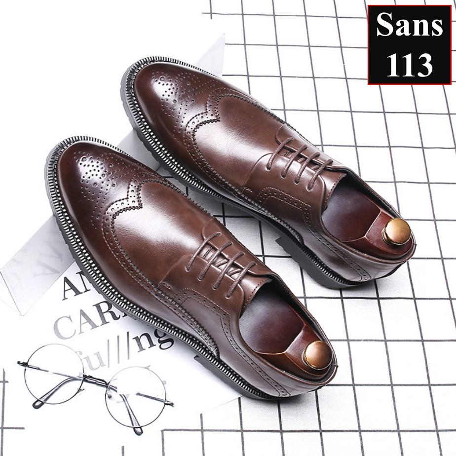 Giày oxford nam da bò thật cao cấp Sans113 giầy tây công sở đen mũi tròn âu buộc dây chú rể cưới brogue derby wingtip