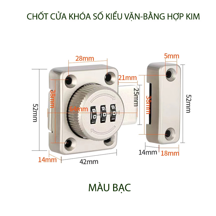 Chốt cửa khóa số kiểu vặn với 3 mã số có thể thay đổi được, bằng hợp kim chắc chắn