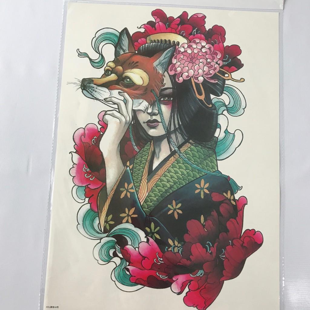 Hình xăm dán kín lưng cao cấp mỹ nhân sói 34x48cm