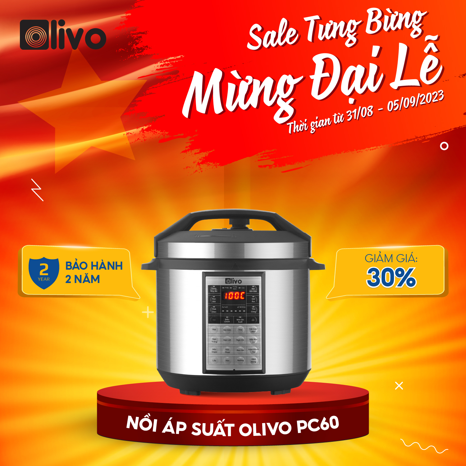 Nồi Áp Suất Điện Đa Năng OLIVO PC60 16 Chức Năng - Dung Tích 6L - Công Suất 1000W - Thương Hiệu Mỹ