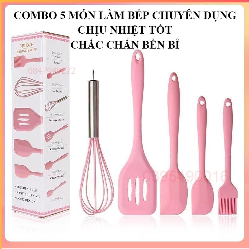 Combo 5 món dụng cụ bếp, làm bánh chất liệu silicon cao cấp tay cầm bằng INOX chịu được mức nhiệt độ từ -40 đến 230 độ C