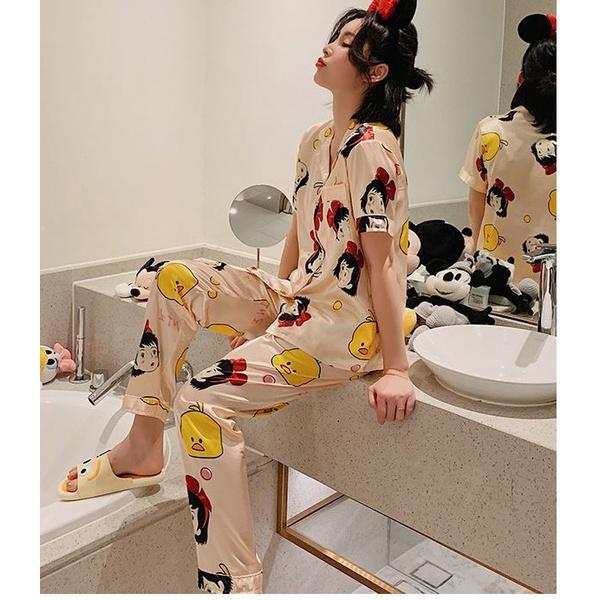 Xả kho đồ bộ mặc nhà pijama vải phi bóng in hình bạch tuyết bộ đồ mặc ngủ ngắn tay xinh xắn