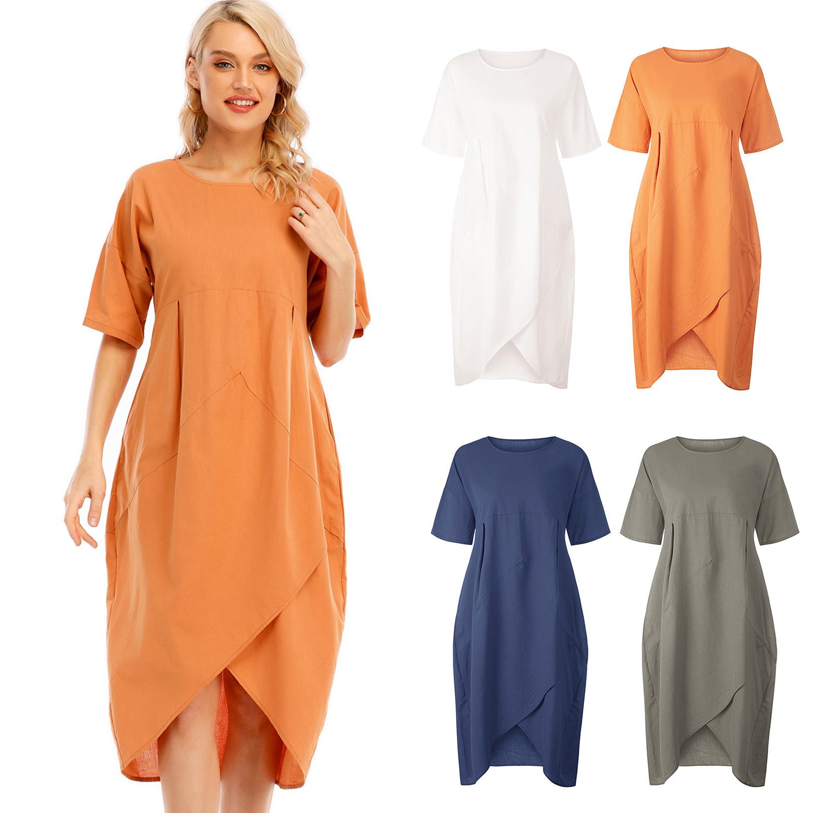 Fashion Women Dress O Neck Short Sleeve High Waist Asymmetrical Hem Pockets Casual Loose Dress