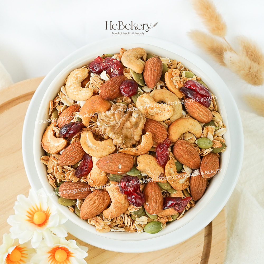 Combo 250g Granola + 250g Biscotti 3 Vị Ăn Kiêng Không Đường HEBEKERY