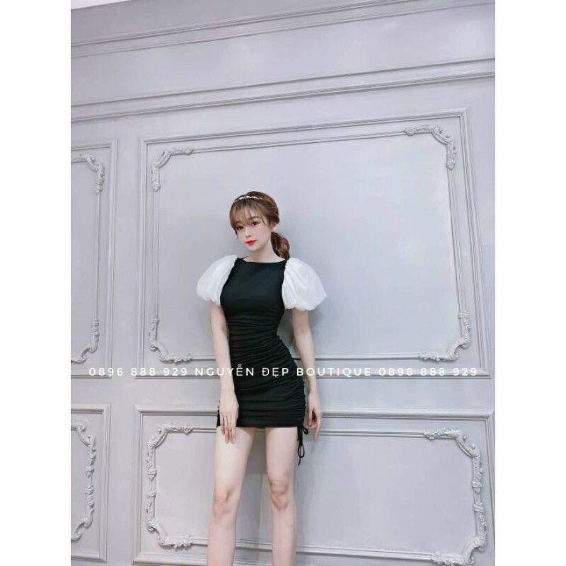 Đầm tay phồng rút dây phối voan cao cấp