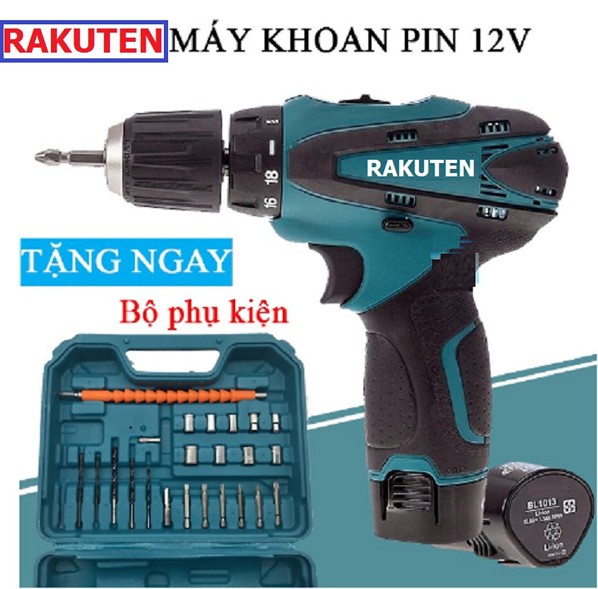 Máy khoan pin RAKUTEN 12V khoan sắt, khoan gỗ máy 2 pin, đảo chiều và mũi khoan