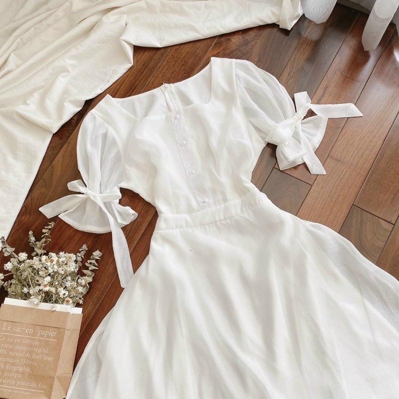 ĐẦM TAY NGẮN BUỘC NƠ TRẮNG, HỒNG XINH XẮN