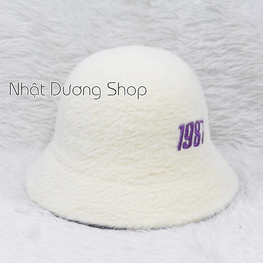 Nón Lông Thỏ Bucket Nữ Thời Trang Cao Câp, nón tai bèo vành cụp lông thỏ hàng quảng châu thêu số 1987