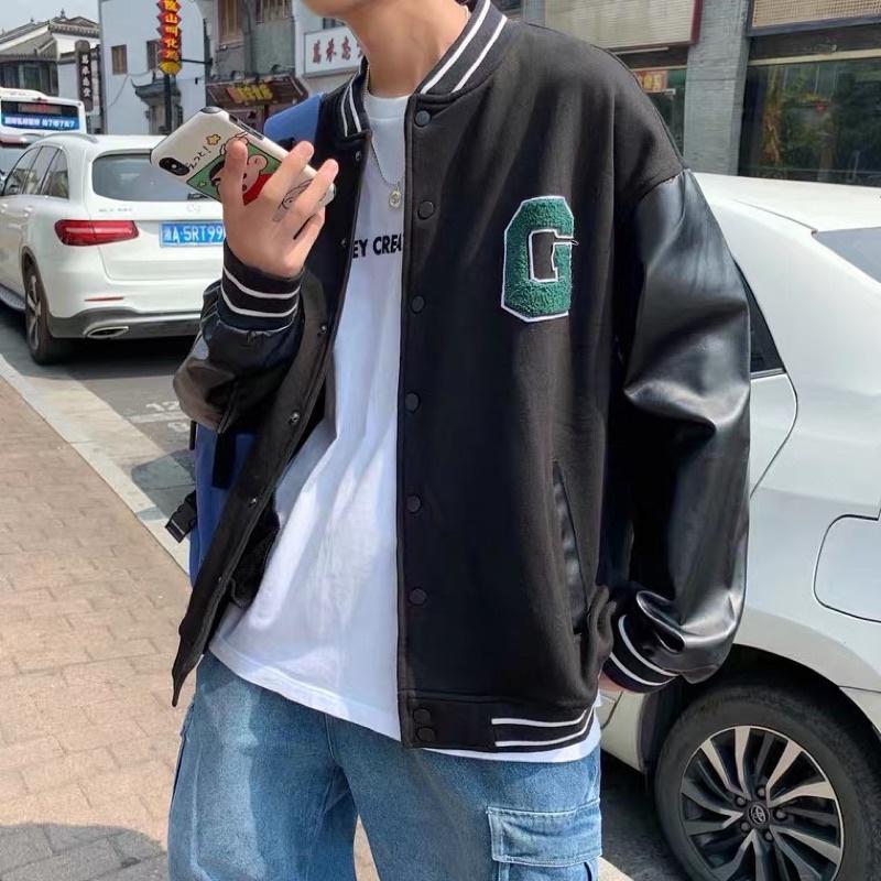 Áo Khoác Bomber Bóng Chày Phối Da Oversize Nam Nữ
