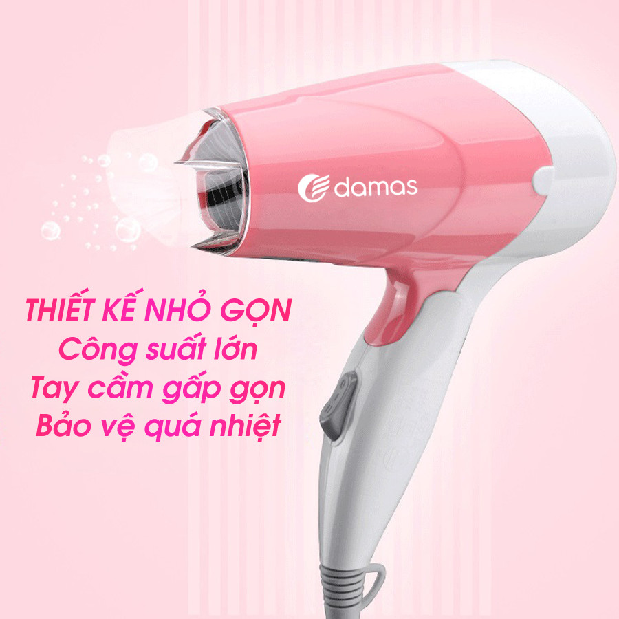 Máy Sấy Tóc Hairdryver Tạo Kiểu Đa Năng Tiện Lợi Nhỏ Gọn Damas - Thiết Kế Mới Gập Gọn Tay Cầm - Màu Hồng - Hàng Chính Hãng