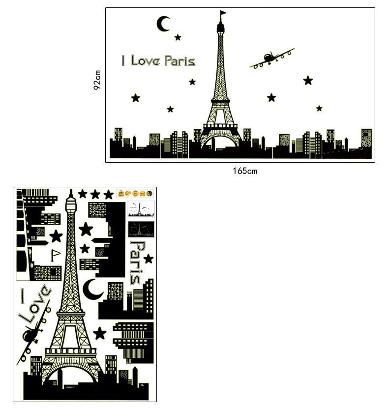 Decal dán tường phát quang thành phố Paris trang trí phòng ngủ, phòng khách sang trọng (92 x 160 cm)