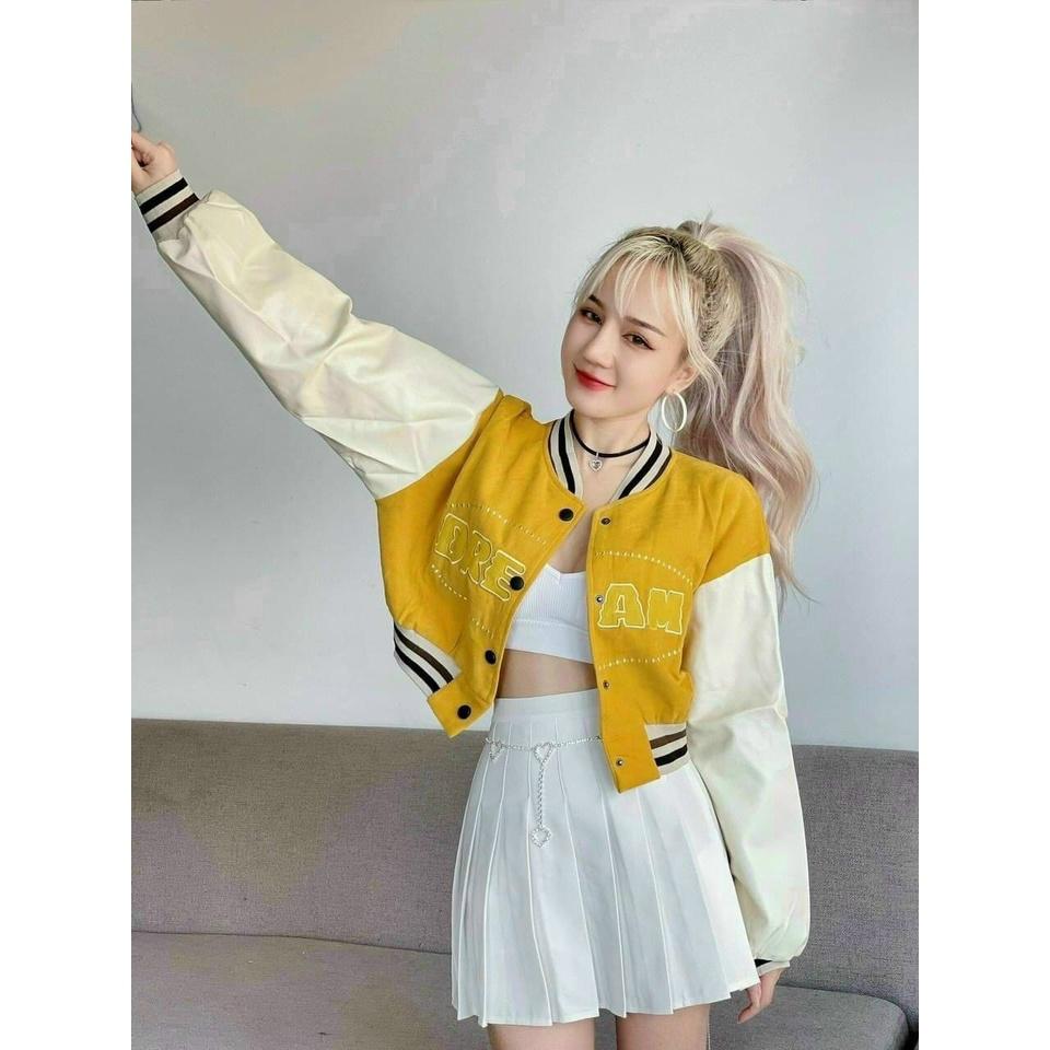 Áo khoác nữ chất da lộn 2 lớp cao cấp kiểu dáng bomber croptop LOGO thêu chữ nổi DREAM