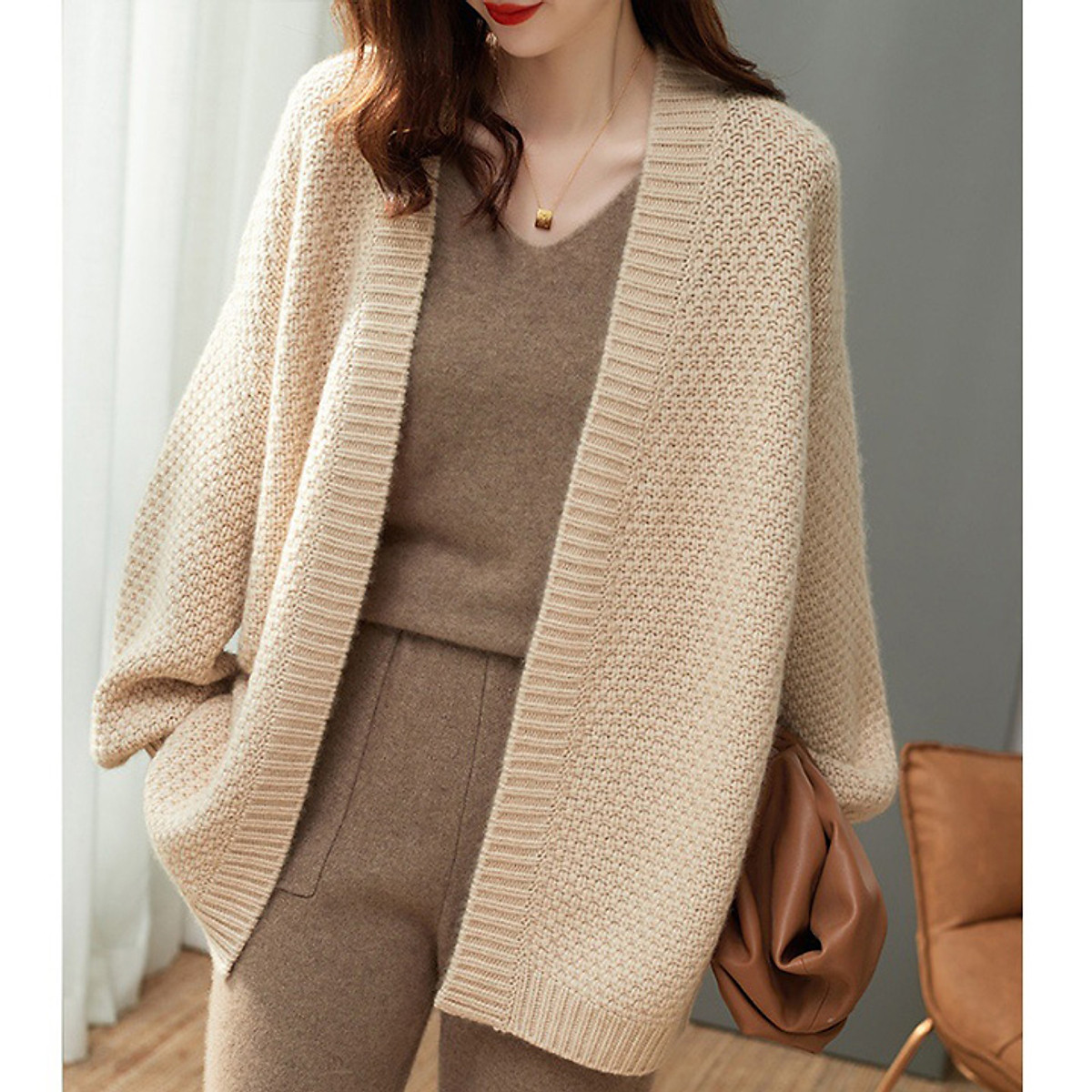 Áo khoác cardigan len nữ form rộng, len rệt tổ ong dày dặn ấm áp - Be