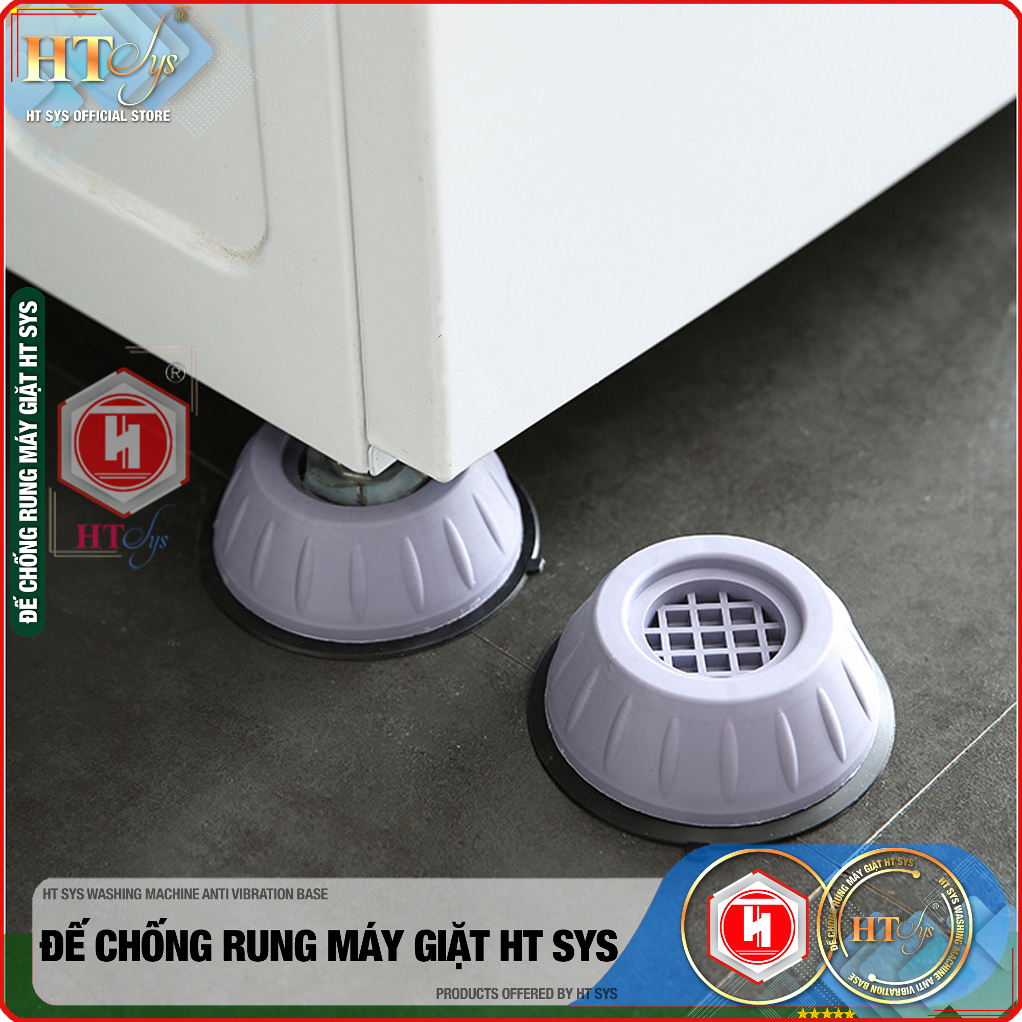 Combo  04  đế cao su chống rung máy giặt - HT SYS - Đế chống rung máy giặt - Đế chống ồn máy giặt, máy sấy,tủ lạnh, bàn ghế +01 Sét 3 móc dính dán tường vàng tài lộc HT SYS